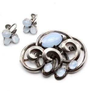 WRE Signed Sterling Silver Faux Moonstone Cabochon 40's Brooch Demi Set